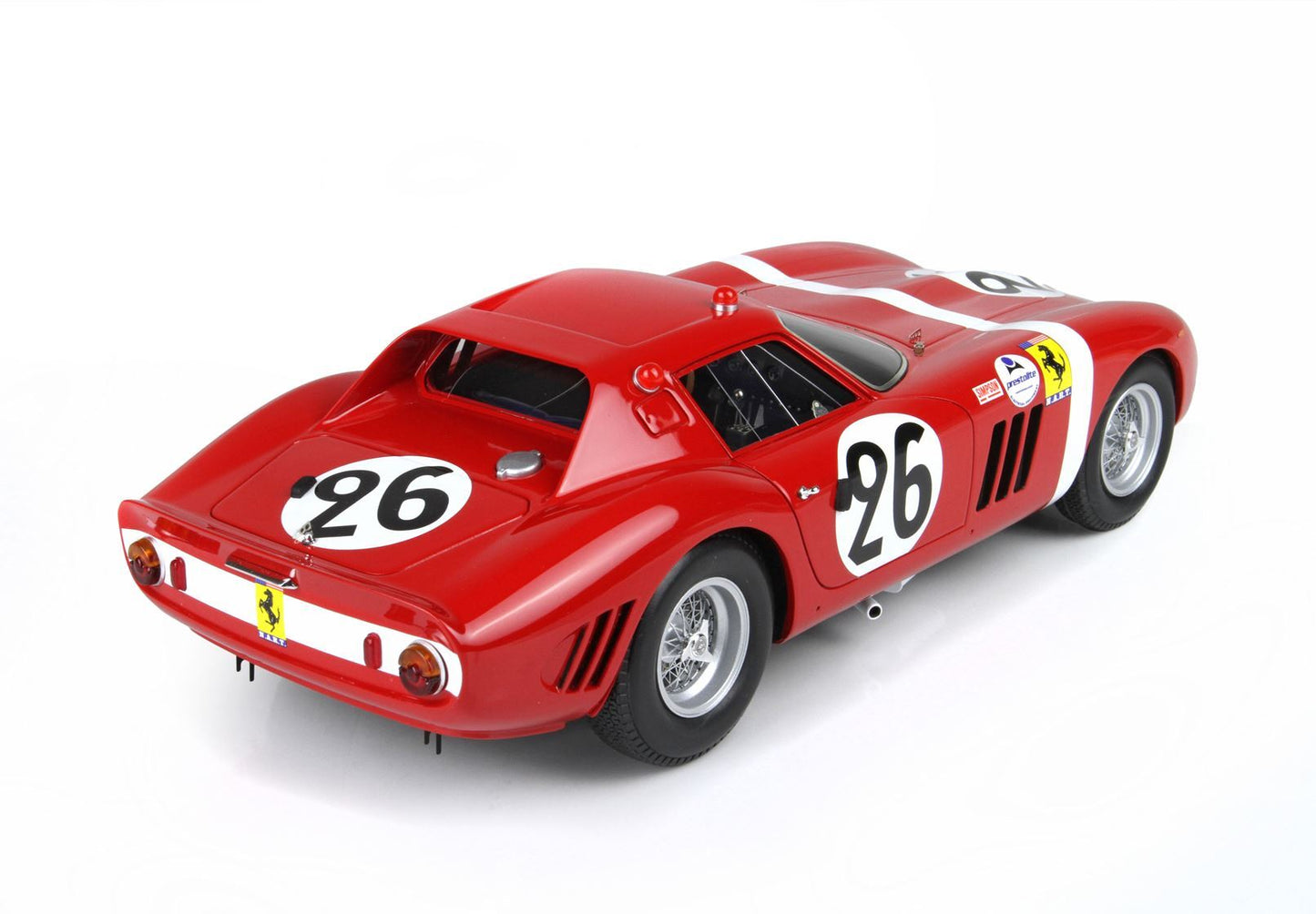 Red vintage Ferrari race car number 26 model with wire wheels and sponsor decals, available on Vroomi
