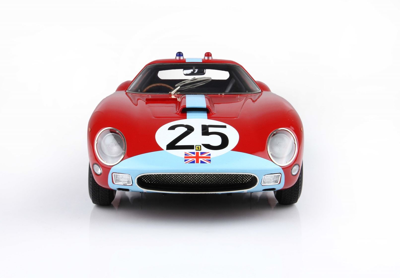Red classic race car with number 25, blue racing stripe, and British flag, available on Vroomi