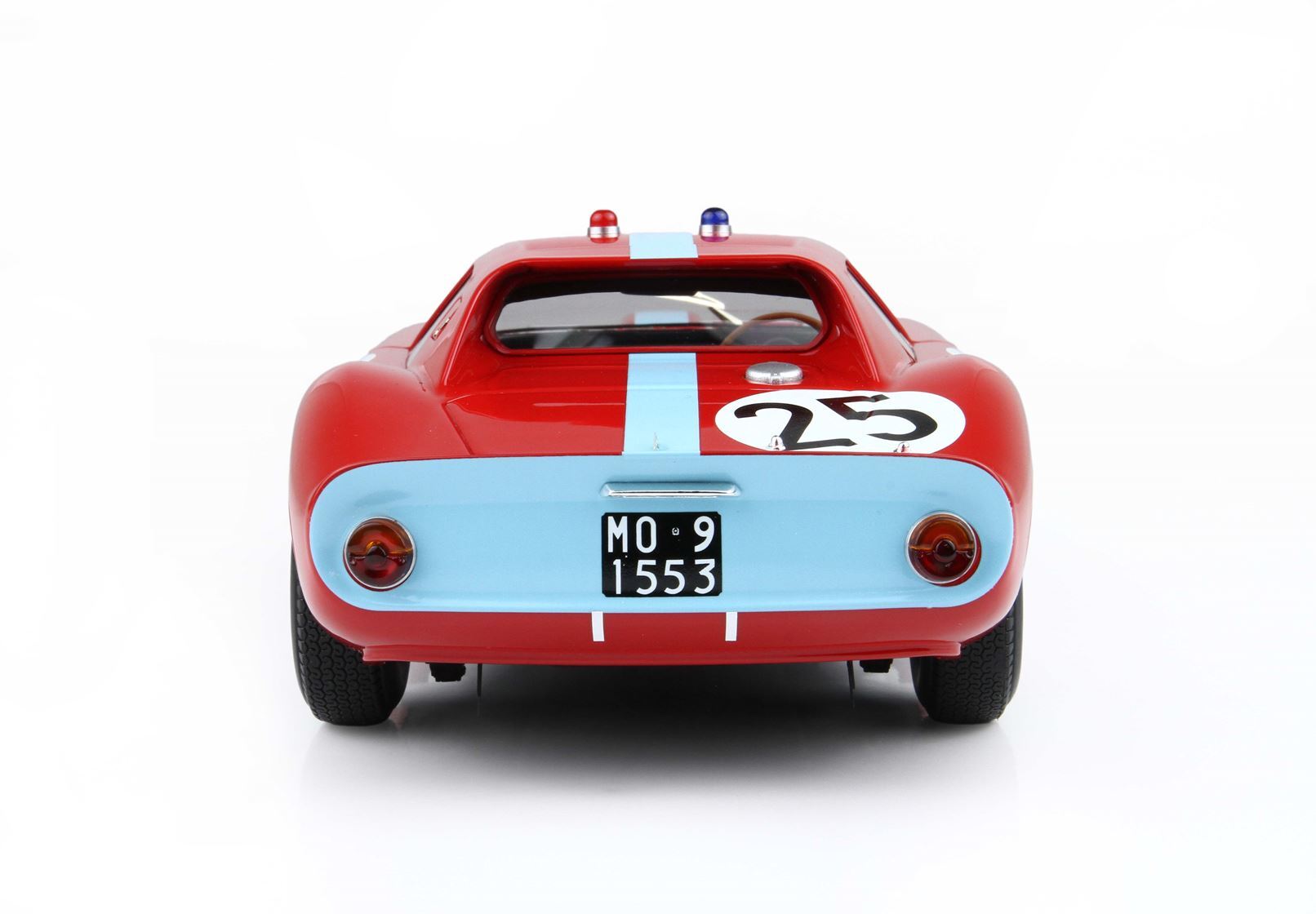 Rear view of red vintage race car with light blue stripe, number 25, and classic license plate available on Vroomi
