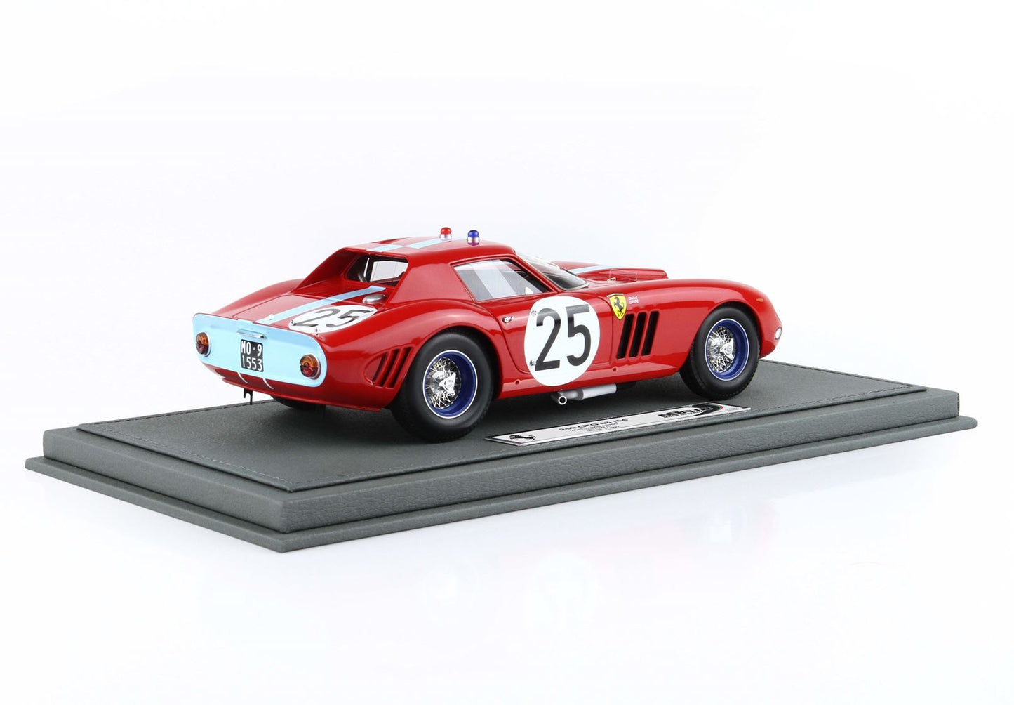 Red Ferrari 250 GTO race car model with number 25 on white display base available on Vroomi