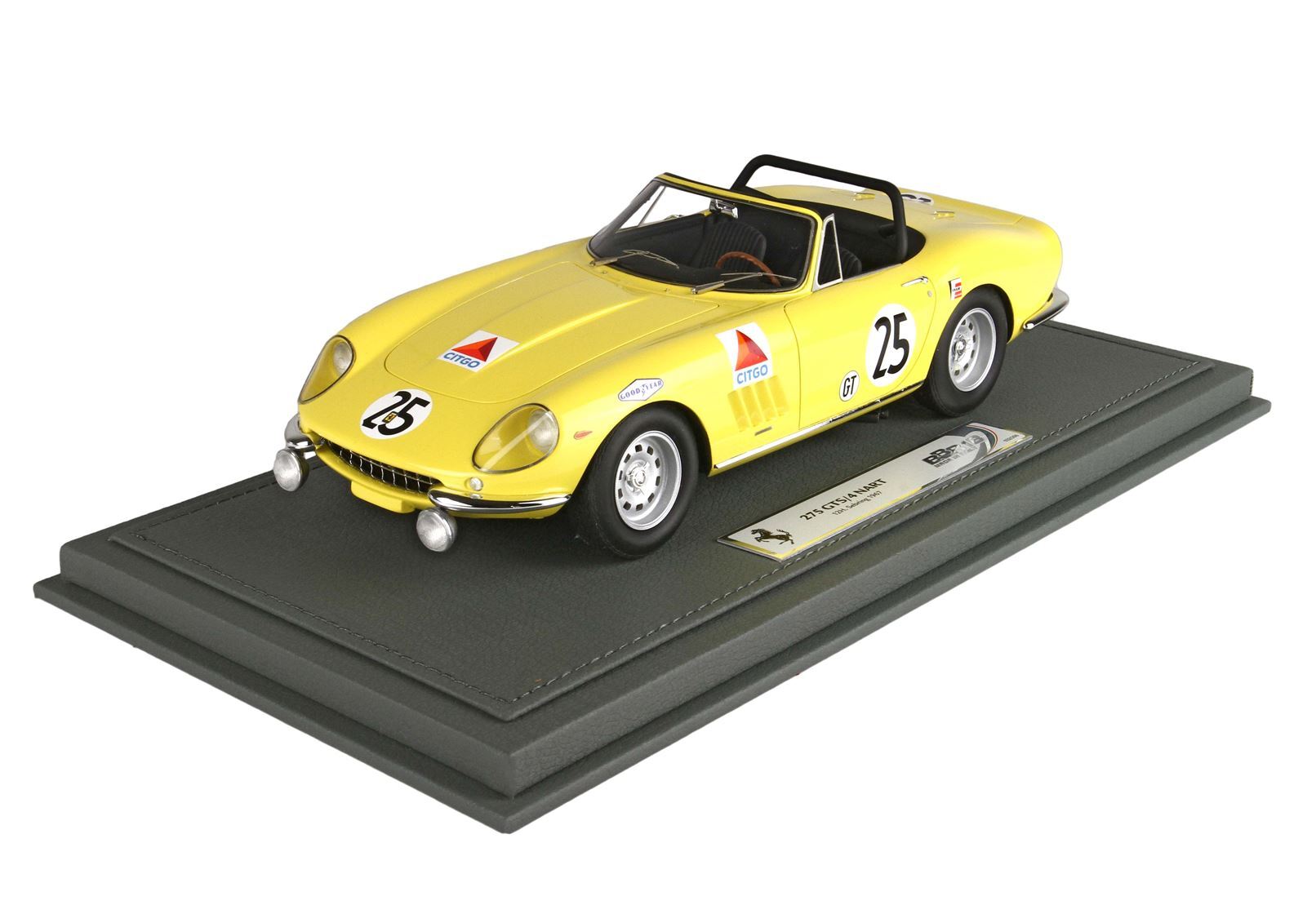 Yellow 275 GTS/4 NART racing model car with number 25 on display stand, available via Vroomi