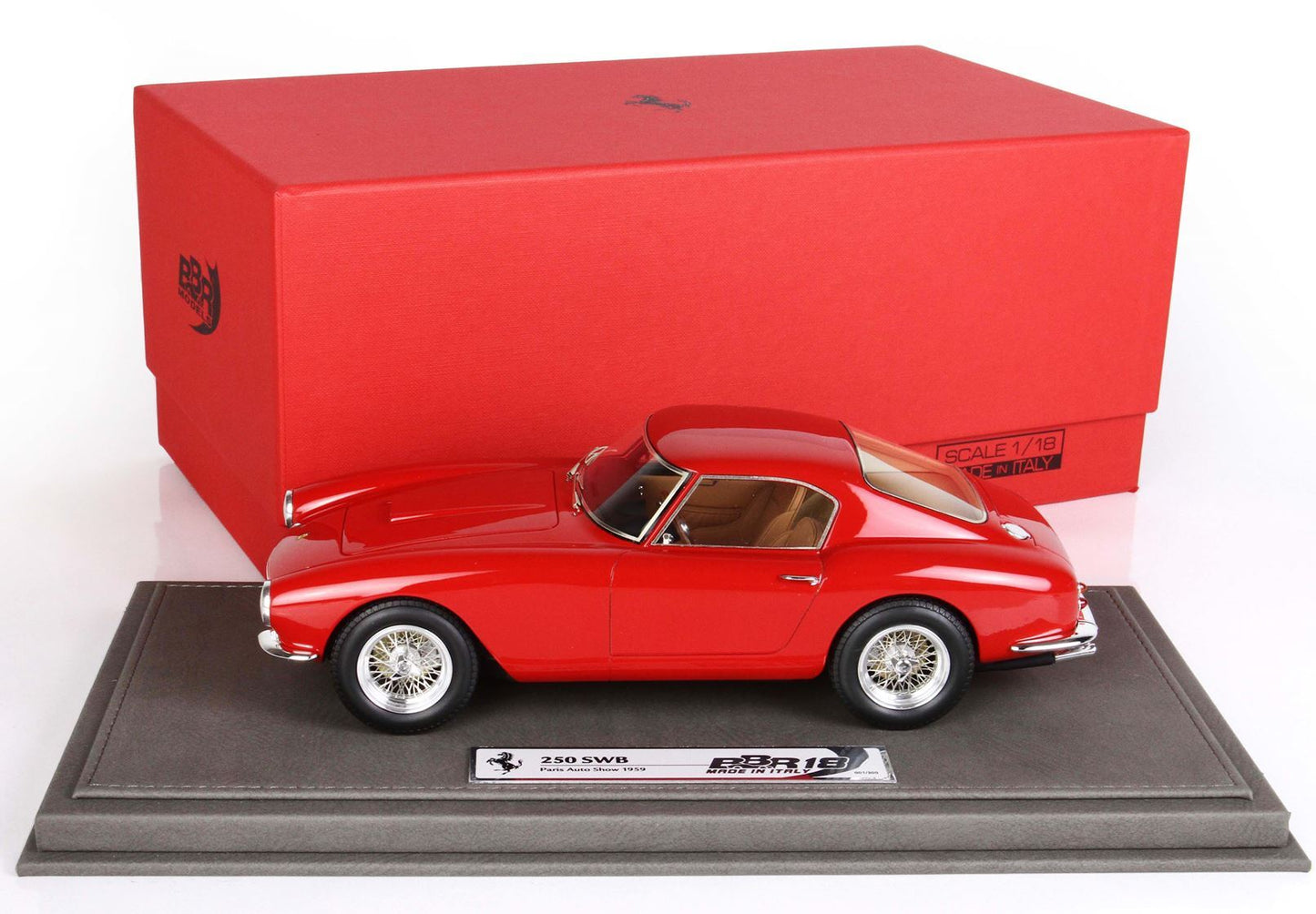 Red 1:18 scale Ferrari 250 SWB model car on display base with red box, available on Vroomi