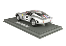 Silver Ferrari 250 GTO model car with race number 25 on gray display base, available on Vroomi