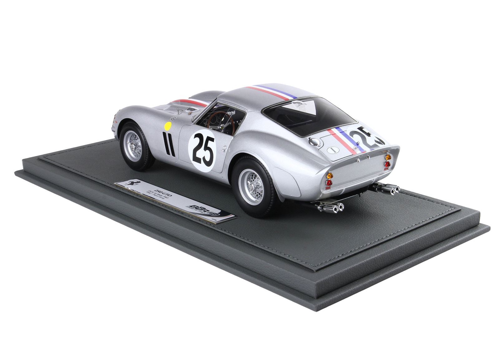 Silver vintage 280 GTO race car model with number 25 on gray display base, available via Vroomi