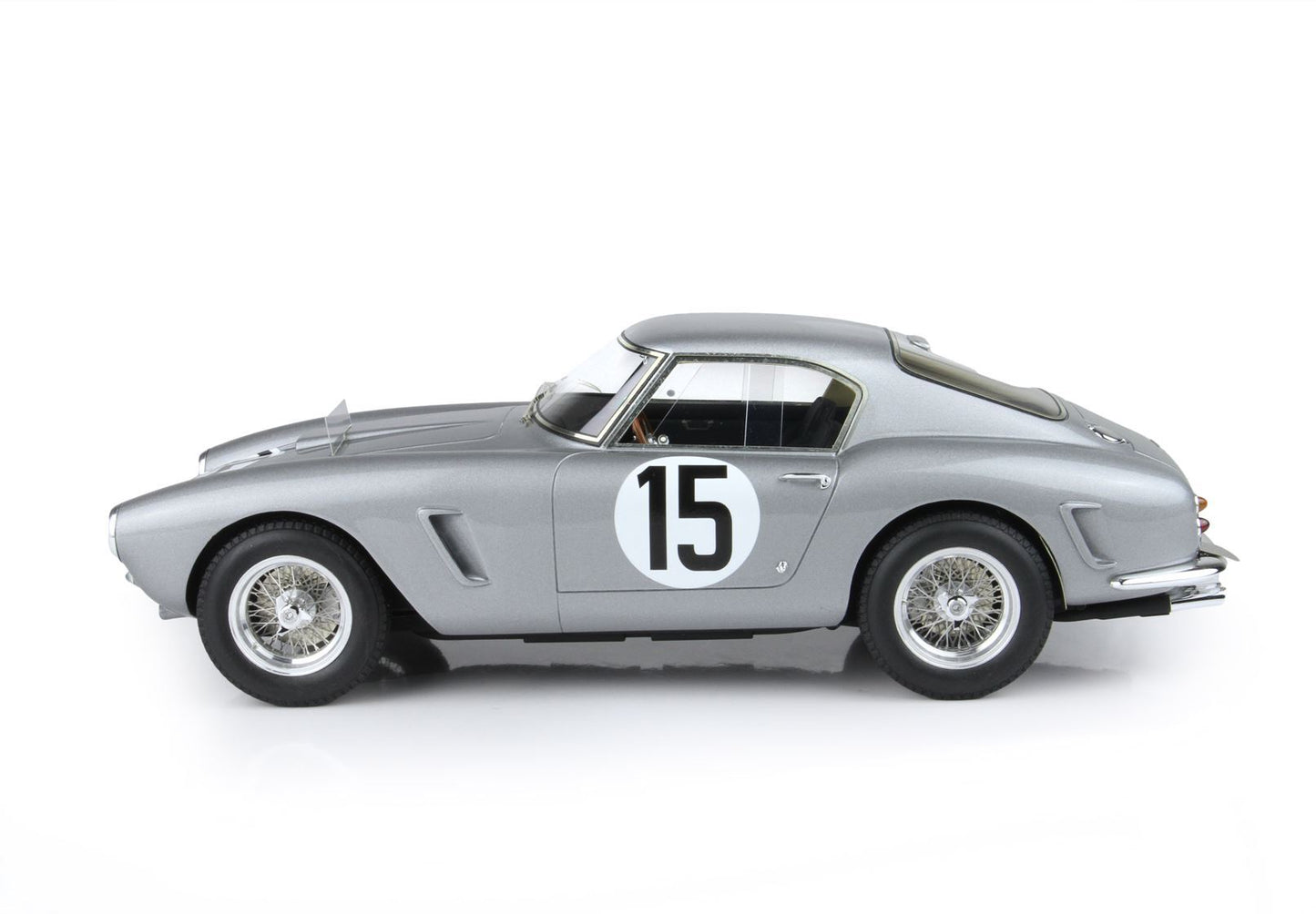 Silver vintage race car with number 15 on door, wire wheels, available on Vroomi platform