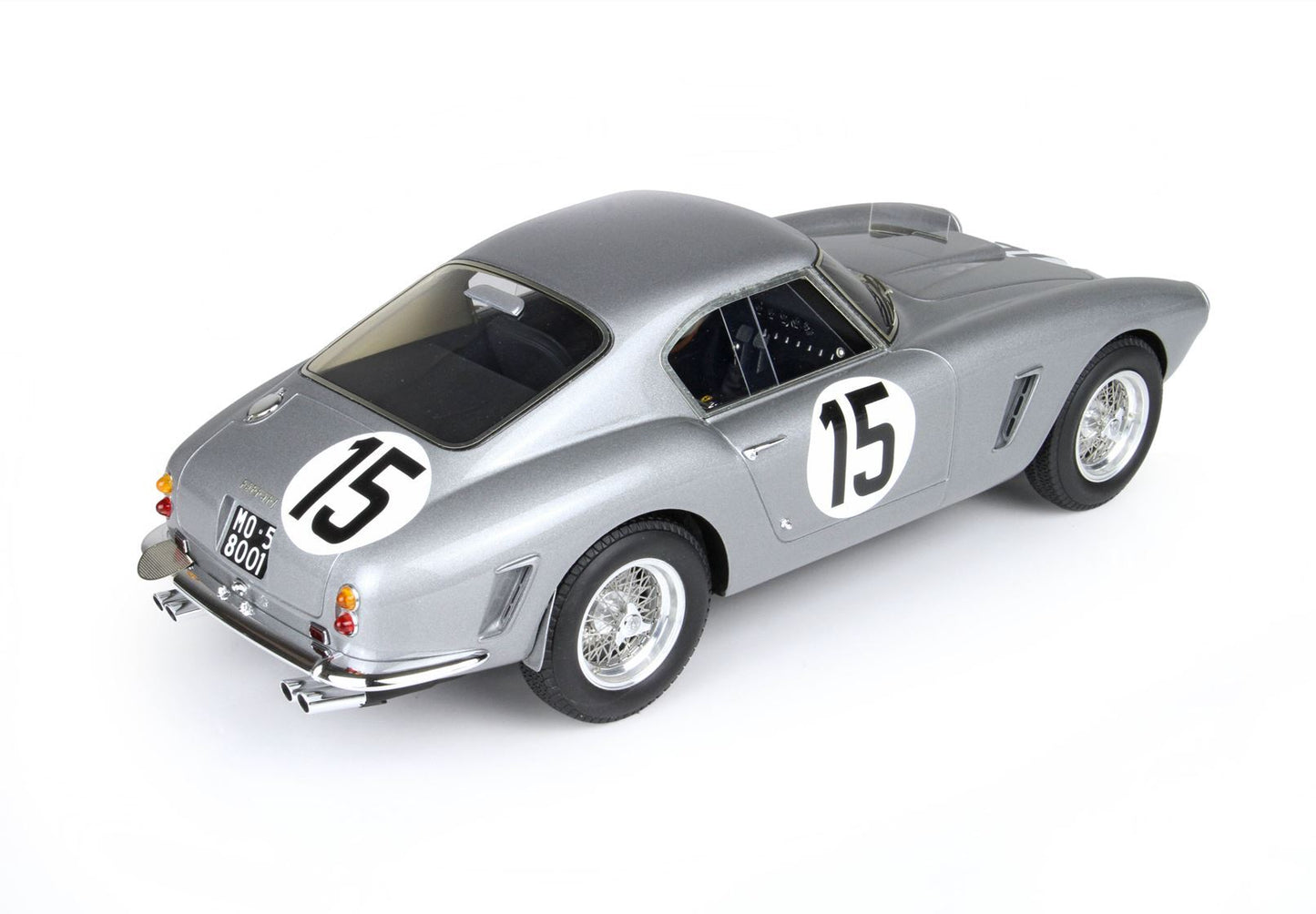 Silver vintage race car model with number 15 on doors and hood, detailed wheels, available on Vroomi