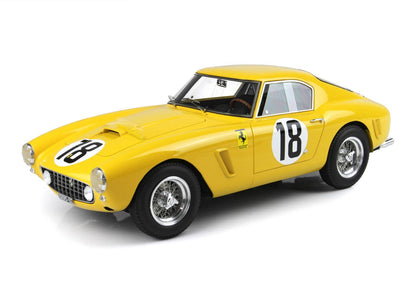 Yellow vintage Ferrari race car with number 18, detailed wire wheels, available on Vroomi platform