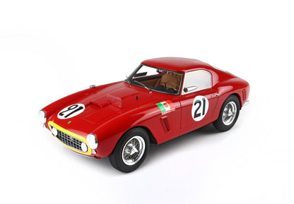 Red vintage Ferrari racing car model with number 21, wire wheels, and Italian flag decal, available on Vroomi