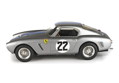 Silver vintage Ferrari race car model with number 22, detailed wheels, available on Vroomi platform