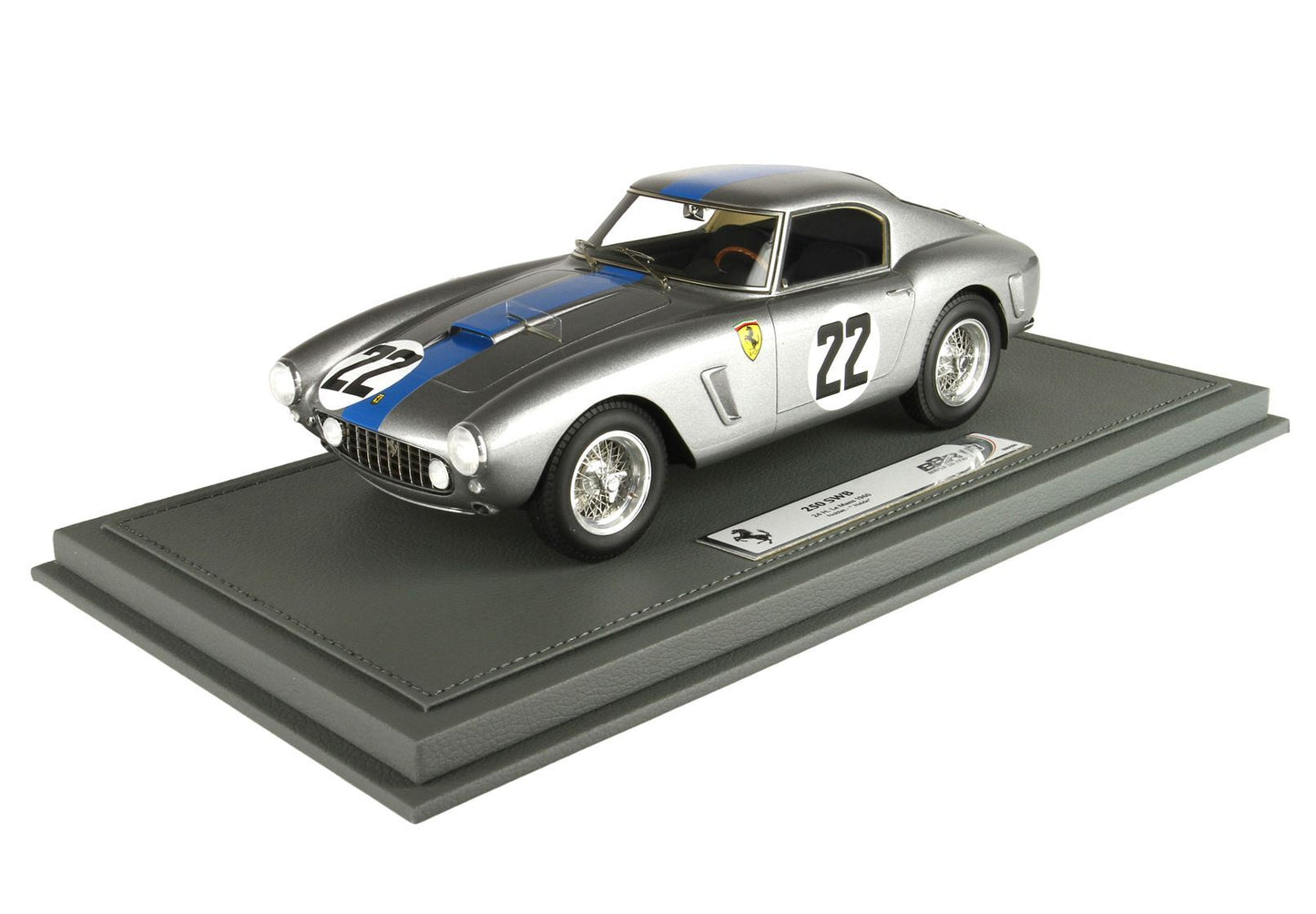 Silver 250 SWB classic Ferrari model car with blue stripe and number 22 on display base available on Vroomi