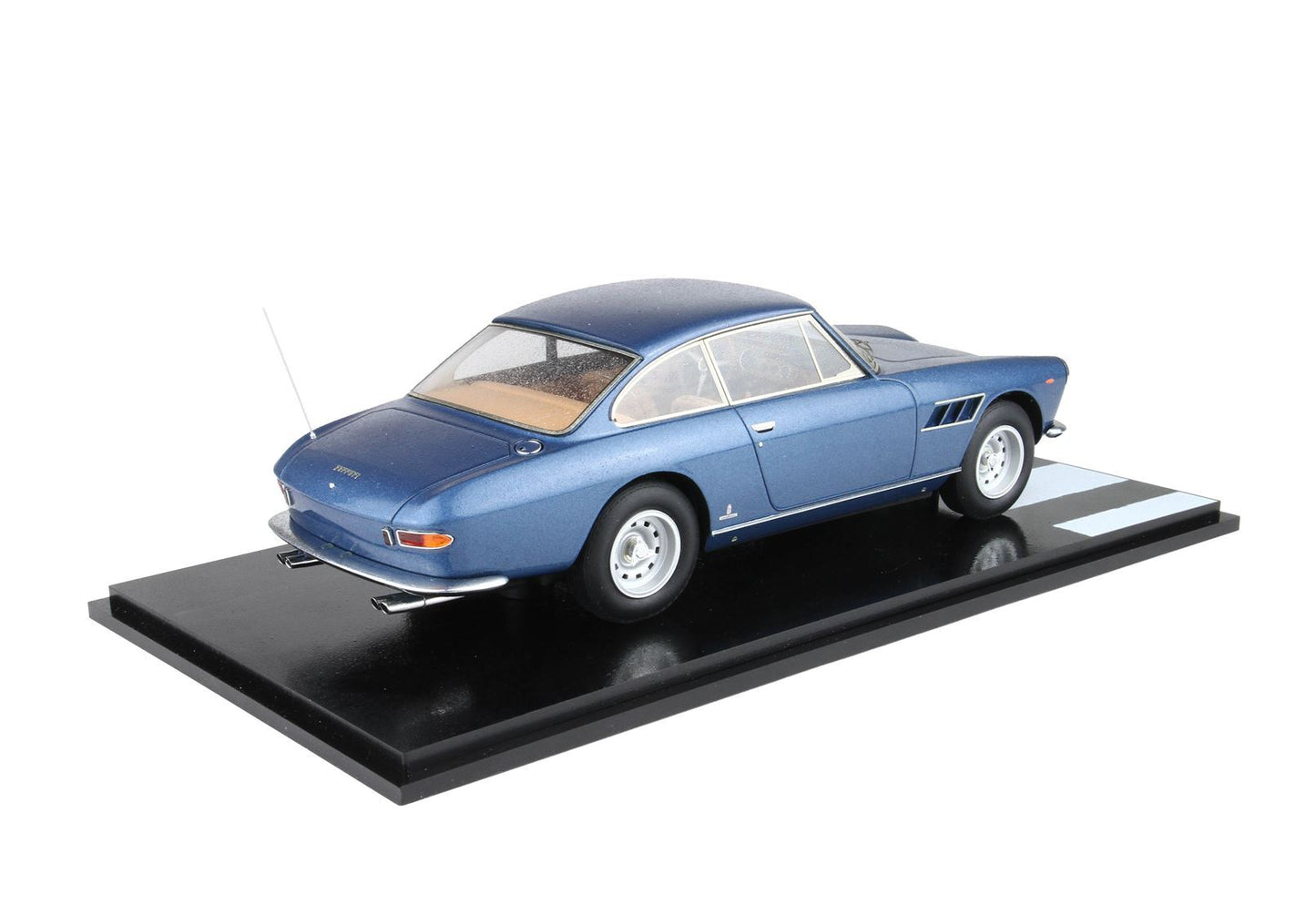 Blue classic Ferrari model car on black display stand available on Vroomi