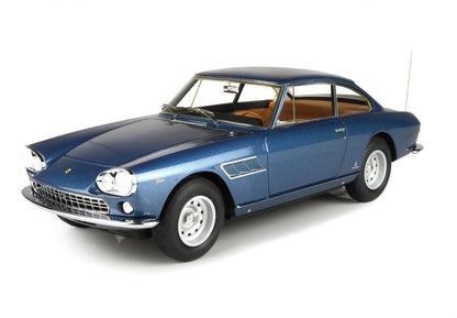 Blue vintage Ferrari classic coupe with tan interior, chrome details, available on Vroomi platform