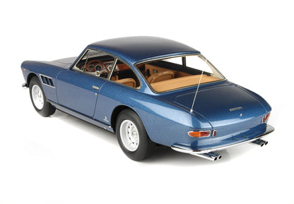 Metallic blue classic Ferrari model car with tan interior shown from rear side, available on Vroomi
