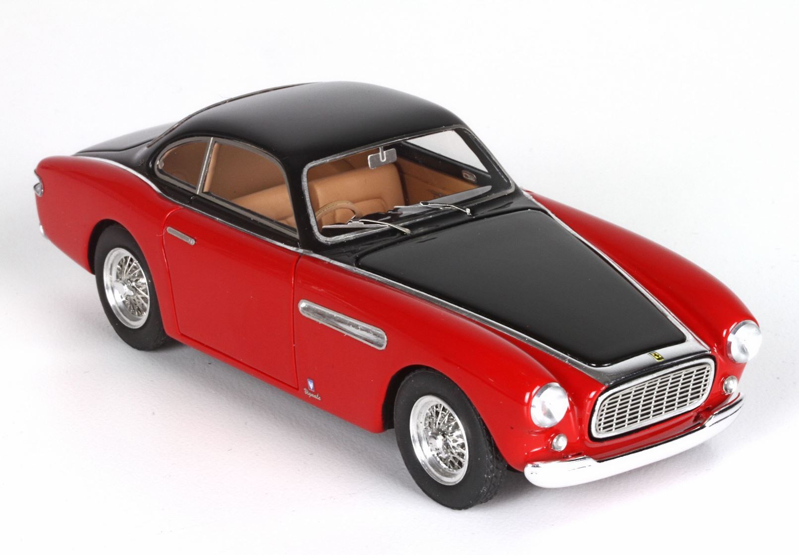 Red and black classic vintage coupe model car with chrome grille and wire-spoke wheels, available on Vroomi