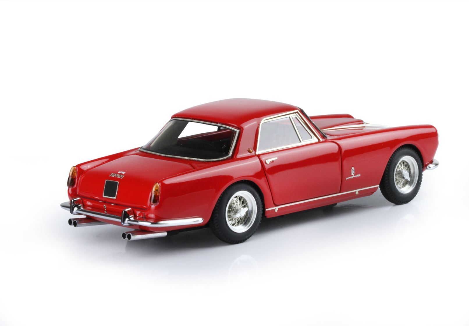 Red vintage Ferrari model car with Pininfarina badge, classic wire wheels, and dual exhausts, available on Vroomi