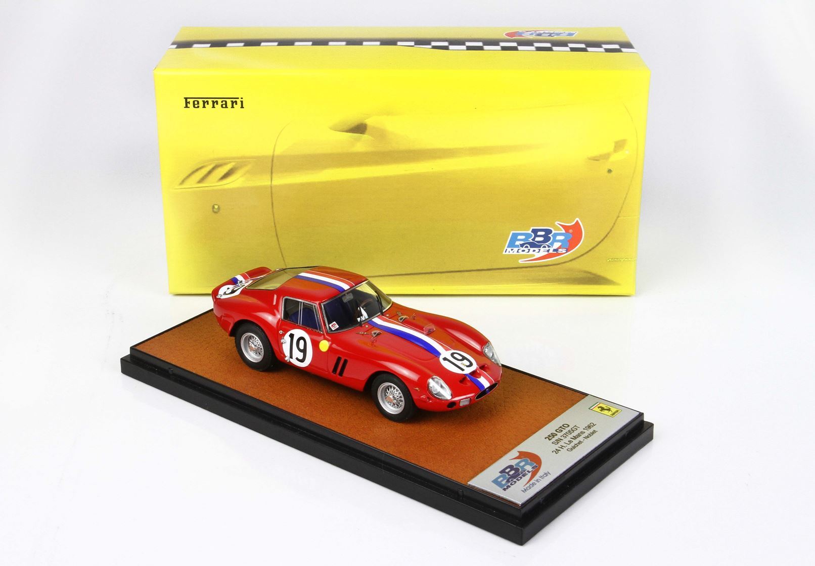 Red 1:43 scale Ferrari 250 GTO model car with racing stripes and number 19 on display, available on Vroomi