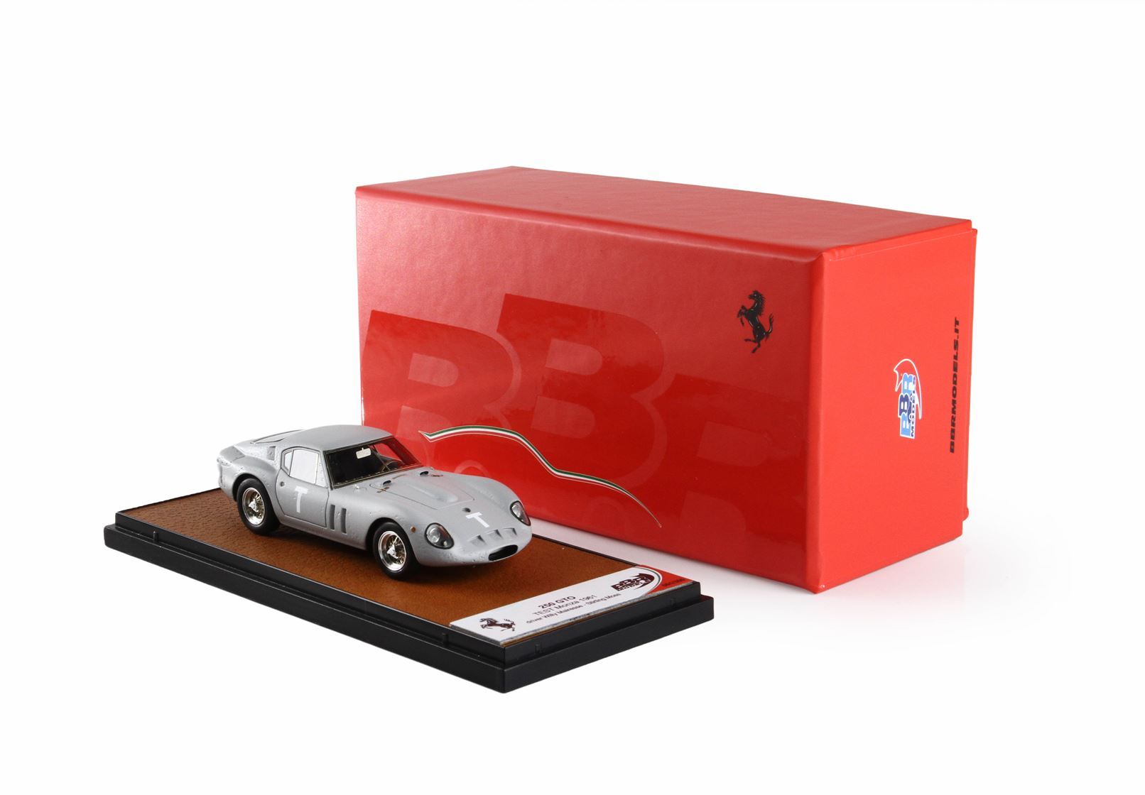 Silver Ferrari 250 GTO model car on display base with red BBR box, available through Vroomi