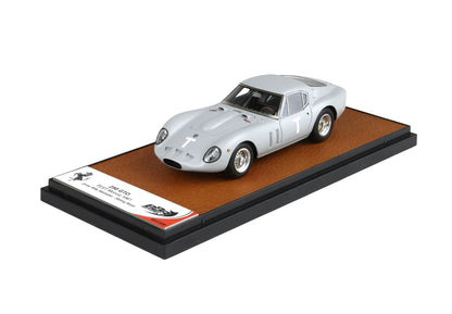 Silver 1961 250 GTO test model scale car on black display base with brown textured platform, available on Vroomi