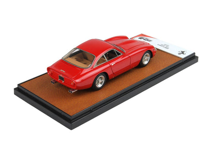 Red Ferrari 250 Lusso 1:43 scale model car on display base with tan interior, available on Vroomi