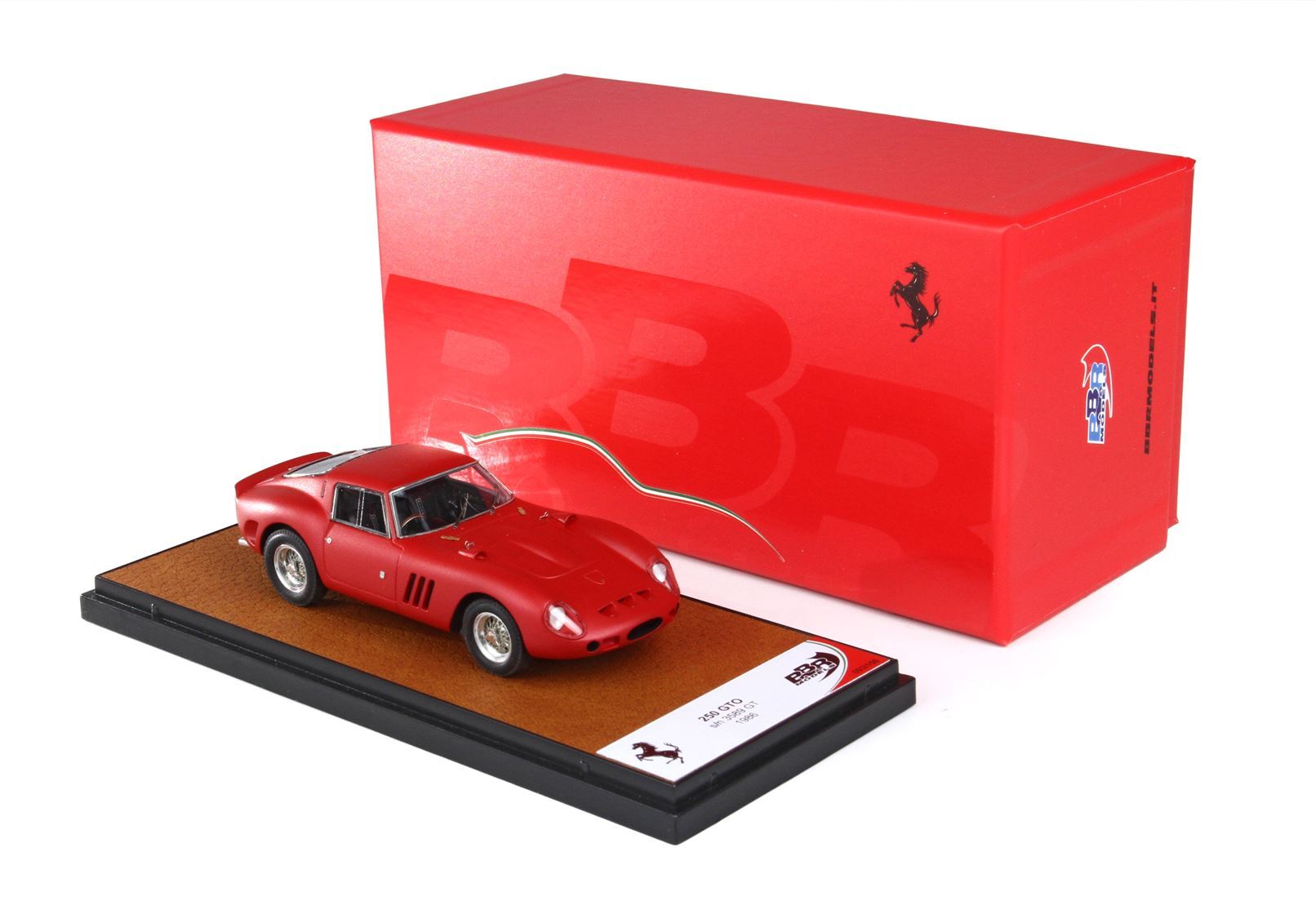 Red Ferrari 250 GTO model car on display base with red BBR branded box, available on Vroomi