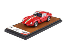 Red Ferrari 250 GTO scale model with Italian racing stripes on display base available on Vroomi