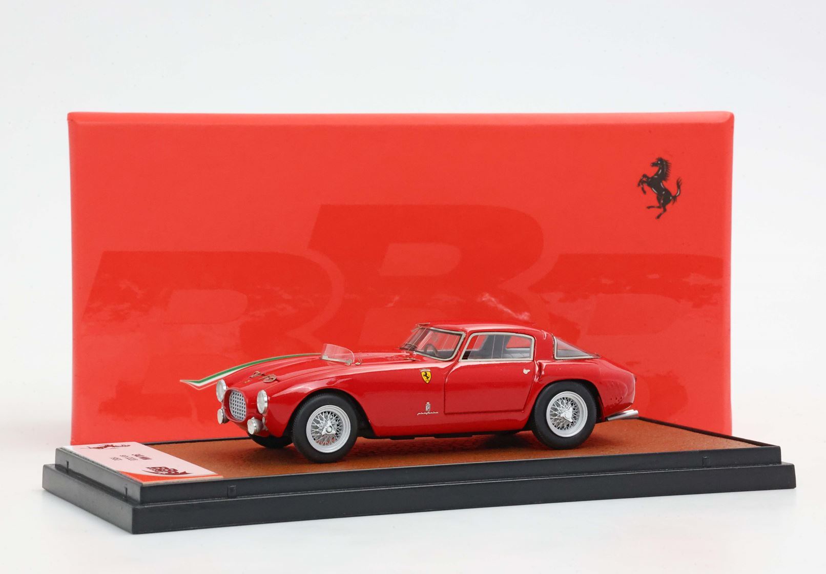 Red vintage Ferrari model car on display stand with red BBR box, available on Vroomi