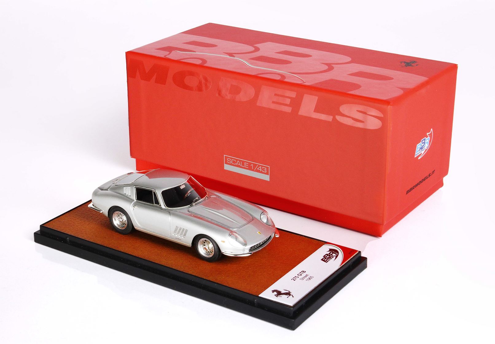 Silver 1:43 scale Ferrari 275 GTB model car displayed with red BBR Models box, available on Vroomi