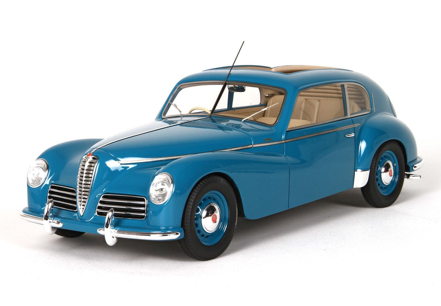 Blue classic 1948 Alfa Romeo 6C 2500 vintage car model with beige interior available on Vroomi