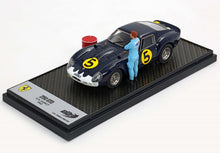 Scale model of 1962 Ferrari 250 GTO racing car with number 5, displayed with figure and barrel, offered on Vroomi