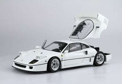 White Ferrari F40 model car with open rear engine cover and driver's side door, available on Vroomi