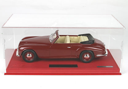 Limited edition maroon classic convertible model car in clear display case on red base, offered on Vroomi