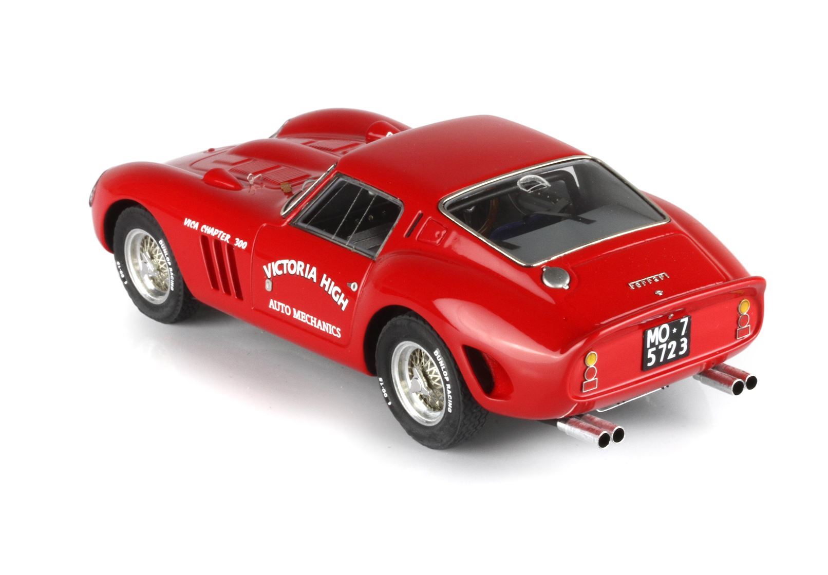 Red vintage Ferrari model car with Victoria High Auto Mechanics logo, available on Vroomi