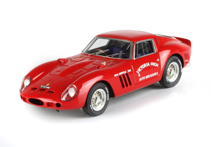 Red vintage Ferrari race car model with Victoria High Auto Mechanics logo, featured on Vroomi