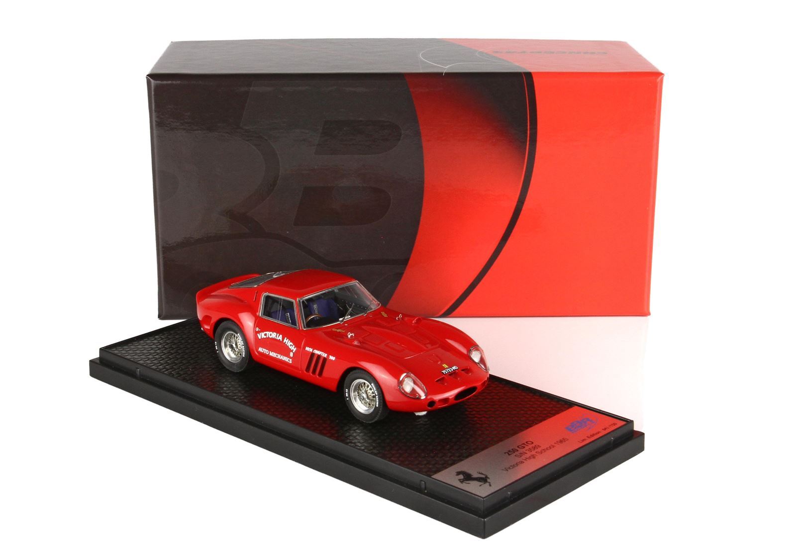Red Ferrari 250 GTO 1:43 scale model on black display base with red and black box, available on Vroomi