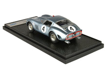 Silver Ferrari GTO model car with number 4 on display base, available through Vroomi platform