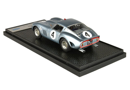 Silver Ferrari GTO model car with number 4 on display base, available through Vroomi platform