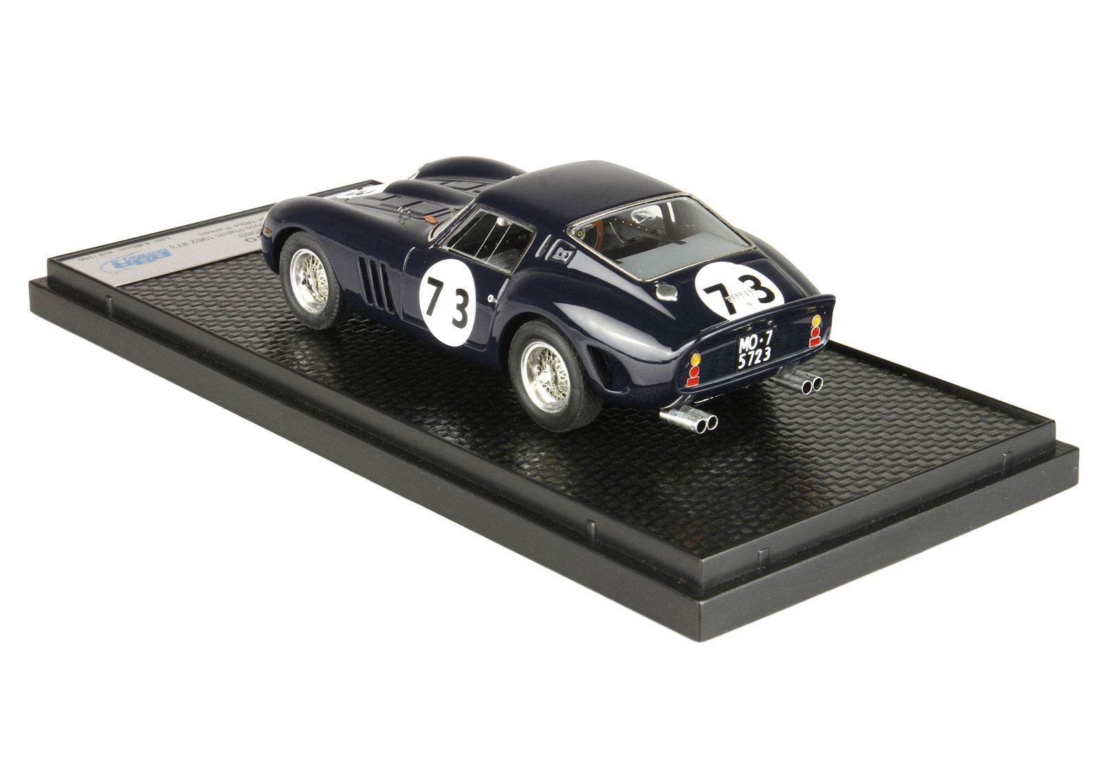 Black Ferrari 250 GTO model car with number 73 on display stand available via Vroomi