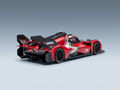 Rotes Ferrari-Modellauto im Maßstab 1:24 mit italienischen Streifen, präsentiert von Vroomi für Sammler