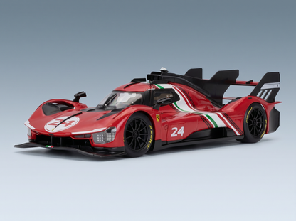 Rotes Ferrari-Modellauto im Maßstab 1:24 mit italienischen Streifen, präsentiert von Vroomi für Sammler