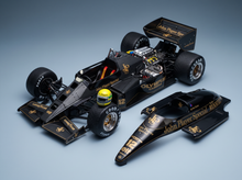 Lotus 97T Renault Turbo Team Lotus No. 12 Ayrton Senna Pole Position Winner Portuguese GP 1985 with Mini Helmet and Showcase Werk83 1:8 scale model - engine cover removed