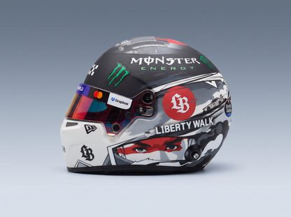 Scale model car racing helmet with Monster Energy, Liberty Walk, and Dropbox decals — Vroomi