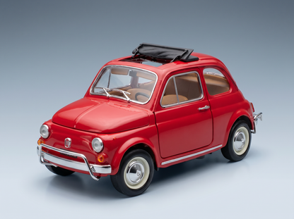 Red Fiat 500 scale model car with black roof rack, showcased by Vroomi for collectors