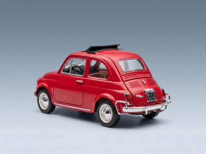 Red classic Fiat 500 scale model car with black roof, white-wall tires, and chrome details — Vroomi