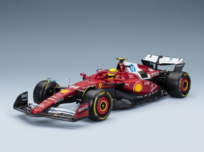 Red Ferrari scale model car with Shell and AWS branding, showcased by Vroomi for collectors.