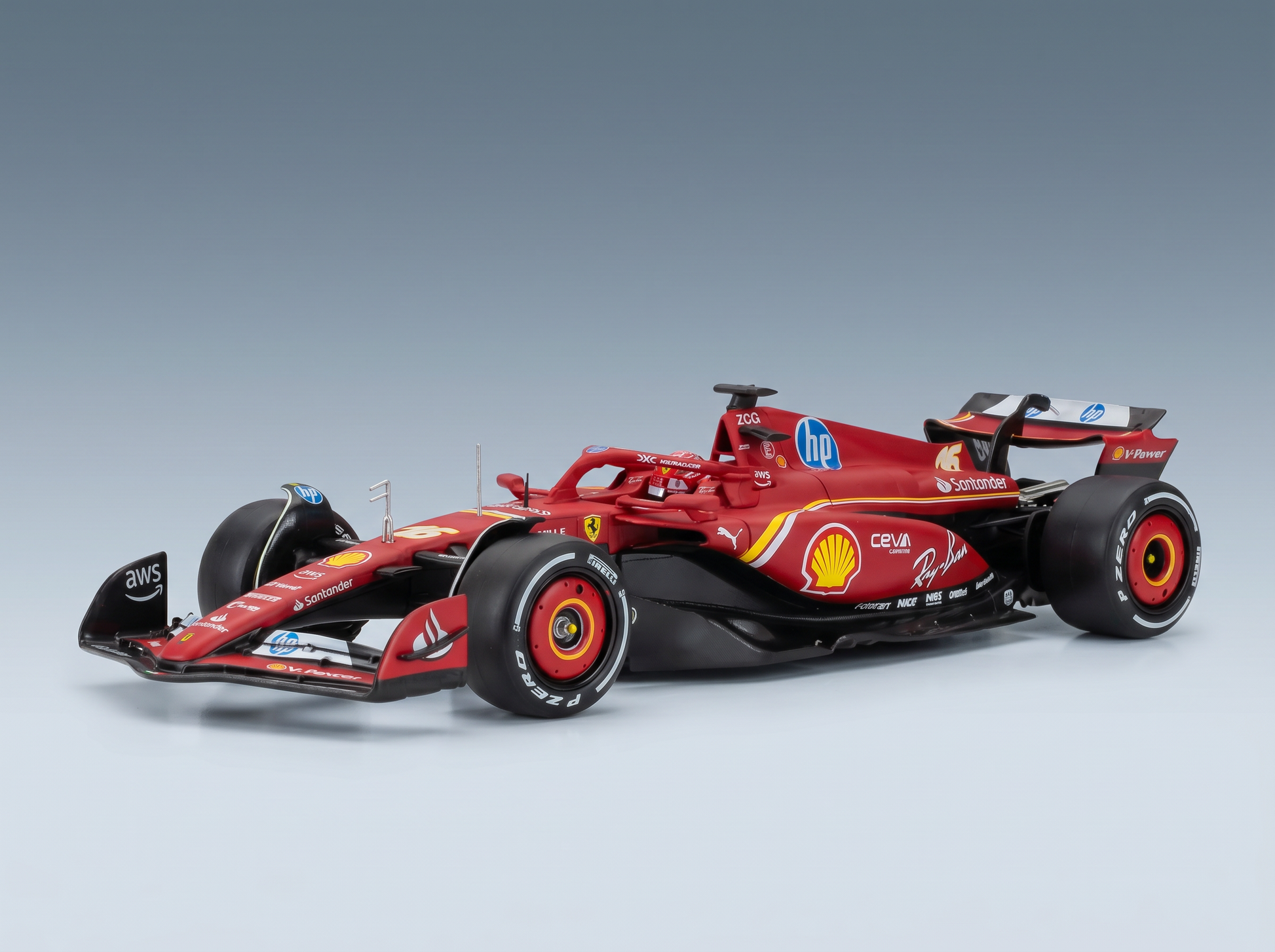 Red Ferrari Formula 1 scale model car with Shell and Pirelli branding, showcased by Vroomi