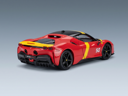Red and yellow Ferrari SF90 Stradale scale model car with number 50, showcased by Vroomi for collectors.