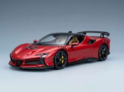 Rotes Ferrari SF90 Stradale-Modellauto mit schwarzen Akzenten, präsentiert von Vroomi für Sammler.