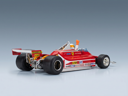 Rotes Ferrari-F1-Modellauto im Maßstab mit Jody-Scheckter-Lackierung, detailgetreues Fahrgestell, bei Vroomi