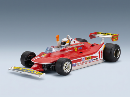 Rotes Ferrari-F1-Modellauto mit Jody Scheckter und detaillierten Sponsoren-Aufklebern von Vroomi