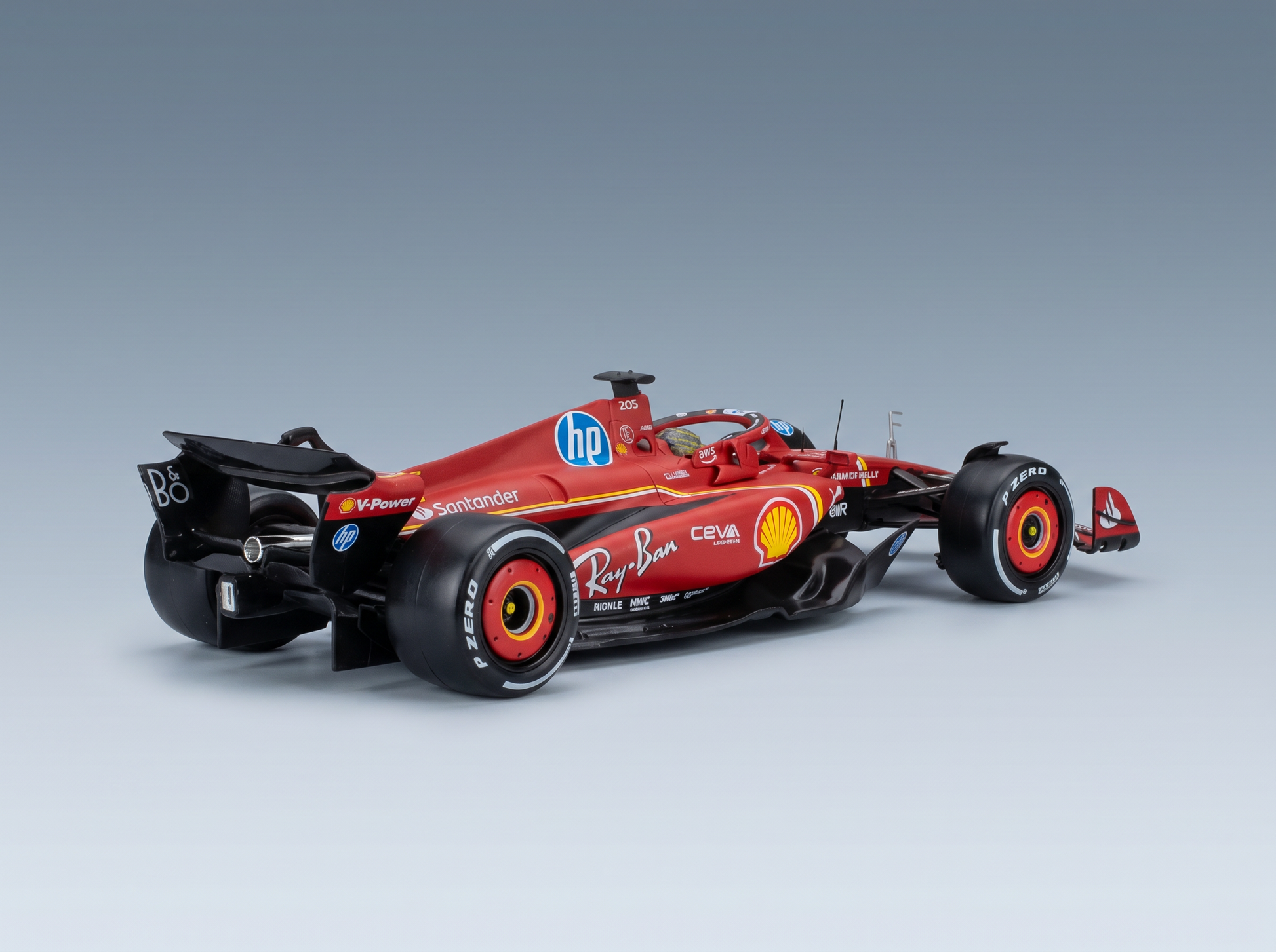 Rotes Ferrari-F1-Modellauto im Maßstab 1:1 mit Shell-, Ray-Ban- und HP-Logos – Vroomi-Sammler-Replik